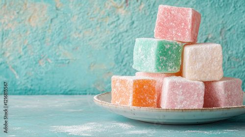 Sweet and candy, A high-fidelity image of a plate of Turkish delight dusted with powdered sugar, perfect for culinary and cultural contexts. photo