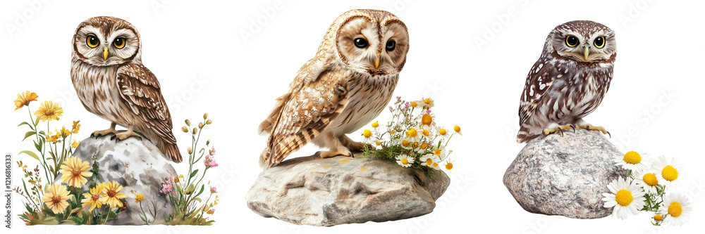 Fototapeta premium Set of Close-up of a Common Barn Owl (Tyto alba) perched on a rustic wooden branch on transparent png background