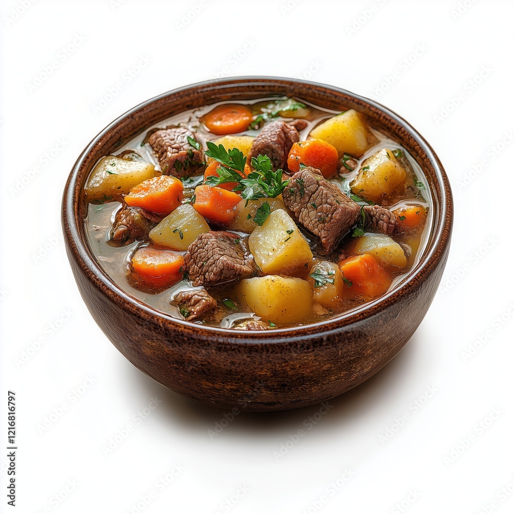 Hearty beef stew with tender potatoes and carrots served in a rustic bowl on a plain background Hearty beef stew with tender potatoes and carrots served in a rustic bowl on a plain background