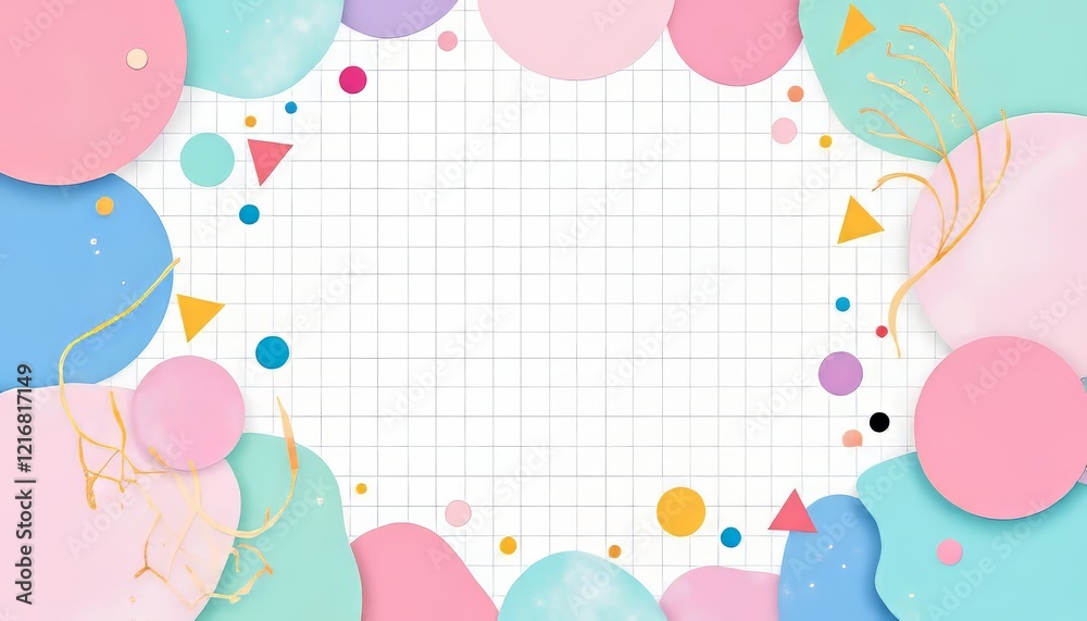 Colorful abstract paper shapes in pastel shades surround a blank grid background. Colorful abstract paper shapes in pastel shades surround a blank grid background.
