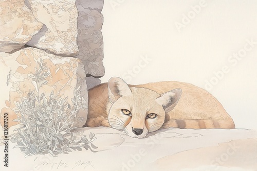 Serene Desert Fox Resting on Rocks photo