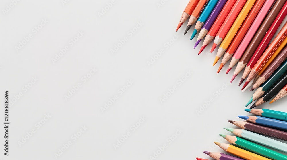 Fototapeta premium Neatly arranged colored pencils on a plain white background, bright colors, with smooth movement for text, ideal for artistic or advertising purposes.