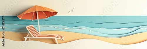 A paper cut style illustration of a beach scene with an orange parasol and a deck chair on the sand near the turquoise sea
