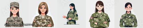 vector set of female soldiers smiling