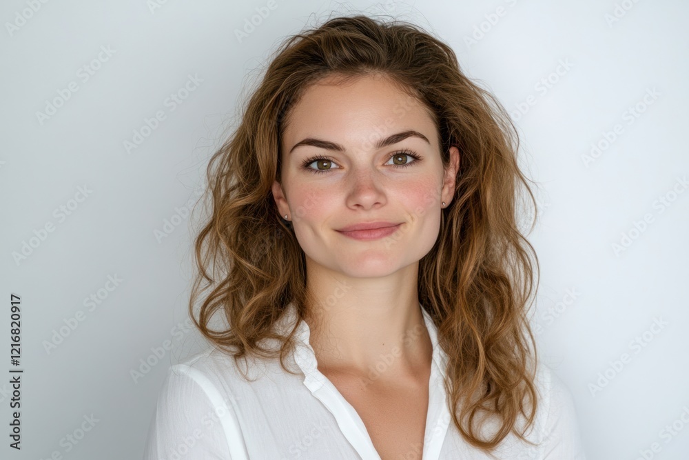 Smiling Woman Brown Curly Hair White Shirt Background Smiling Woman Brown Curly Hair White Shirt Background