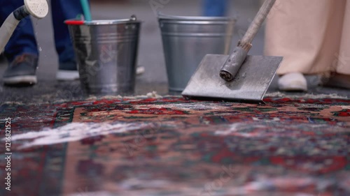Cleaning process of an antique Persian rug in outdoor. Hand-washing a carpet . Manual carpet cleaning process: A close-up of hands washing a carpet with a brush and soapy water. eco-friendly cleaning.