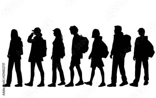 Group of men and women, people walking with backpacks, silhouettes, vector, profile, black isolated on white background