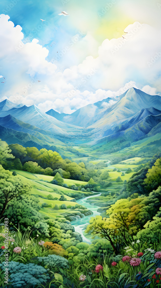 Obraz premium Digital watercolor forest landscape abstract graphic poster background
