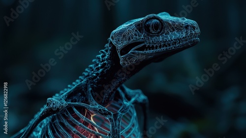 A detailed, neon-lit depiction of a lizard's skeletal structure, showcasing intricate bones and a vibrant ribcage against a dark backdrop. photo