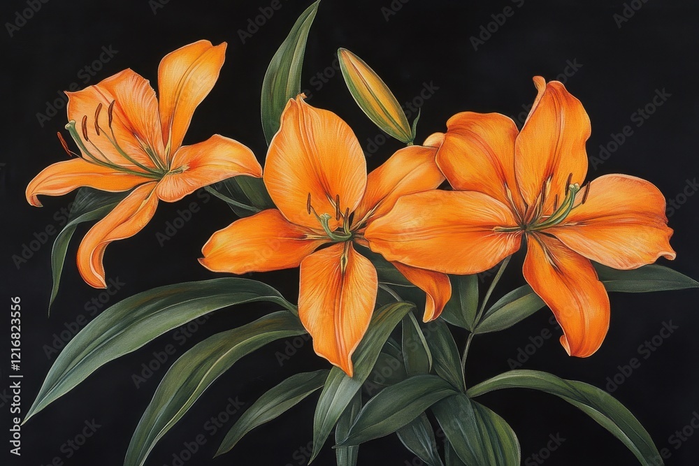 Obraz premium Close-up of Four Orange Lilies with Green Leaves Against a Black Background . A vibrant display of orange lilies set against a stark black background, highlighting their vivid color .