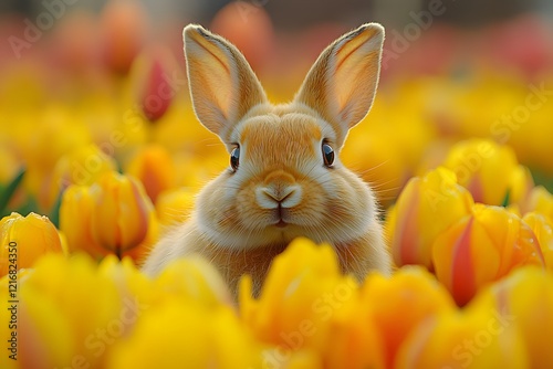 Adorable Bunny Surrounded by Vibrant Tulips for Easter and Spring Decorations