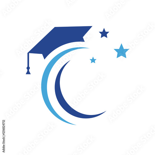 A graduation cap arcs over a crescent moon, encircled by three stars.  Blue hues signify achievement and dreams.
 photo