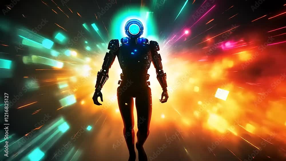 Futuristic humanoid robot with glowing head emerges from vibrant cosmic background, symbolizing technology Futuristic humanoid robot with glowing head emerges from vibrant cosmic background, symbolizing technology
