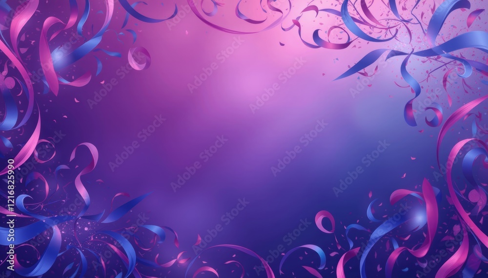 Purple and pink ribbons with confetti on blue background. Purple and pink ribbons with confetti on blue background.