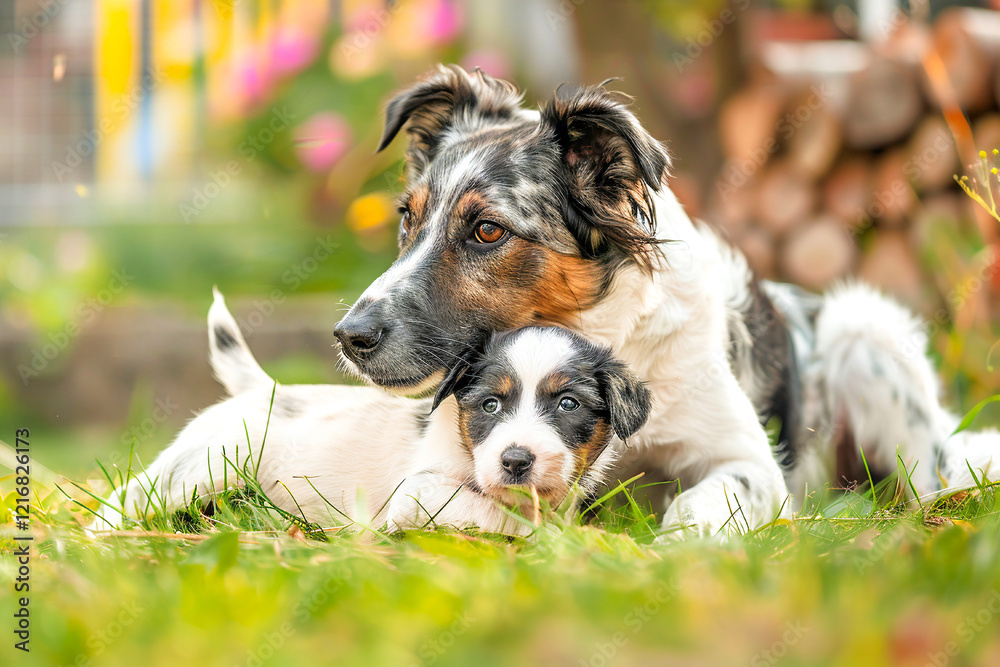 A curious puppy and its mother enjoy a sunny moment together on green grass in a cozy garden.