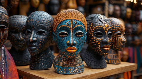 Vibrant marketplace with colorful handcrafted masks showcasing rich cultural heritage and artistry photo