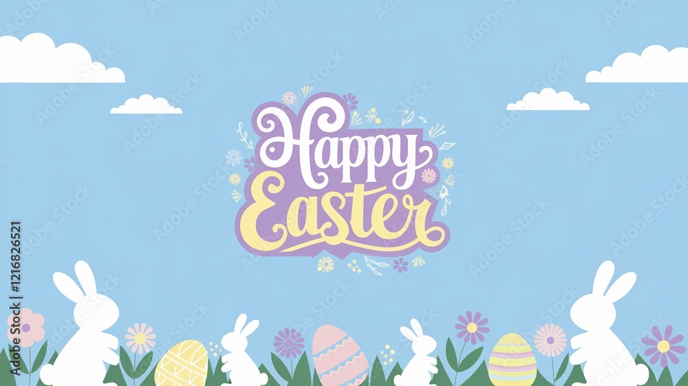 Fototapeta premium Whimsical Easter design with bunnies eggs flowers text