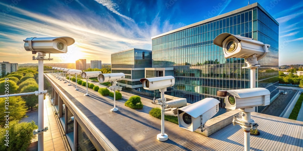 Fototapeta premium Aerial View of Outdoor Security Cameras Protecting Building - High Resolution Stock Photo