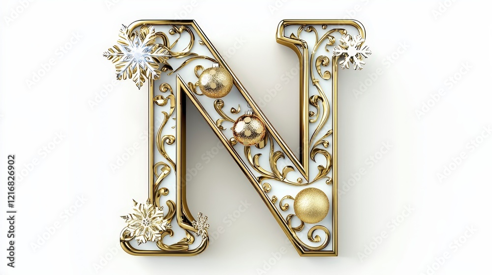 Fototapeta premium Ornate Golden Letter N with Floral and Holiday Decorations