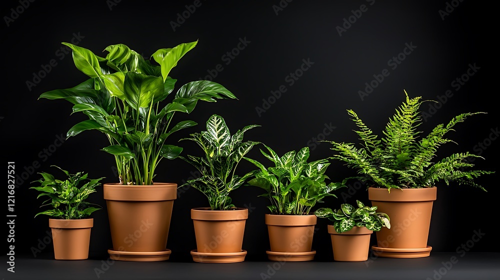 Obraz premium Indoor plants in terracotta pots, dark background, home decor, website use
