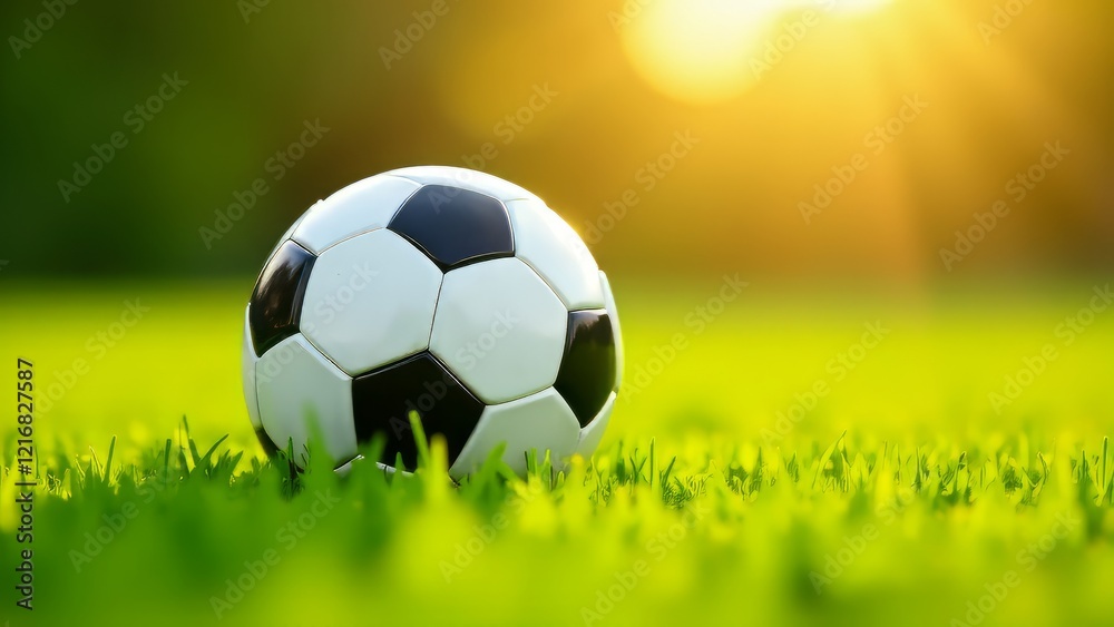 Naklejka premium Football on Grass - Golden Sunlight Sport Photo