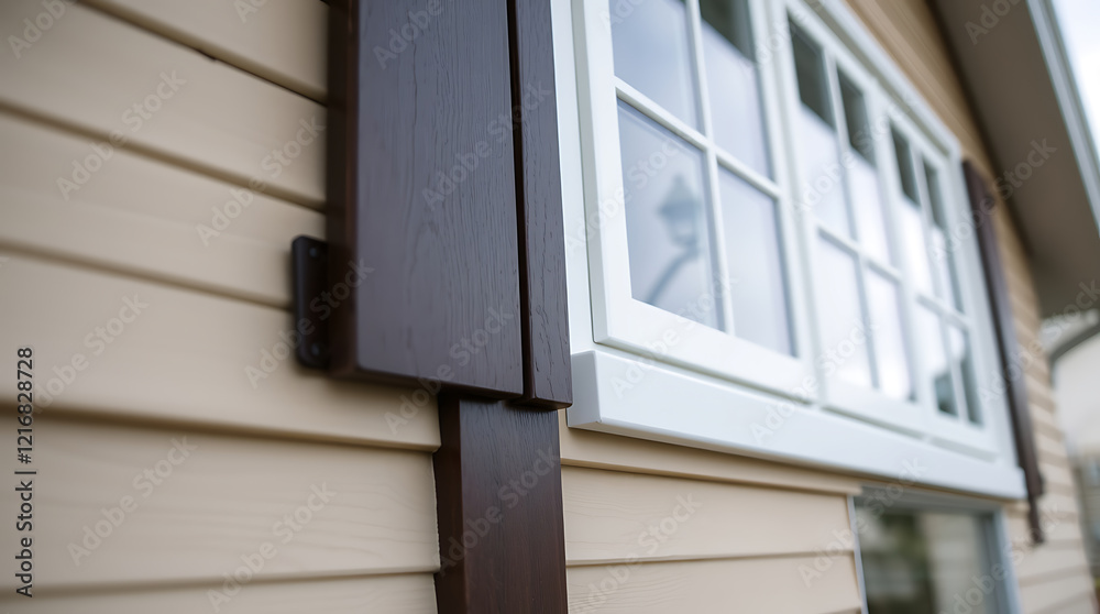 Fototapeta premium Elegant Home Exterior: Brown Shutters and White Windows. High-quality image showcasing a house's charming exterior design. Ideal for real estate, architecture, and home improvement websites.