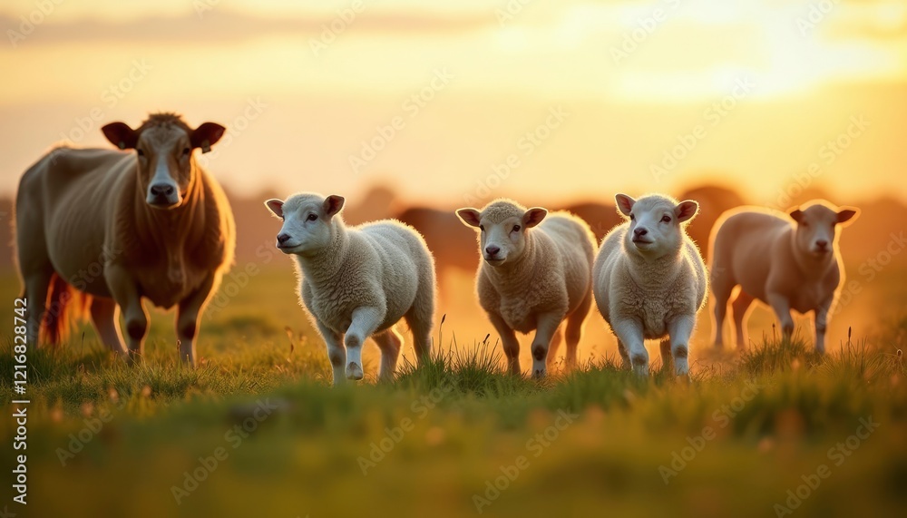 Obraz premium Golden Hour Lambs and Cow: A Pastoral Sunset Scene