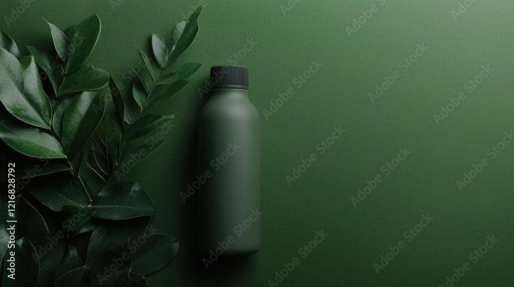 Dark green water bottle with a black cap on a green background. the bottle is placed on the right side of the image, with a few green leaves on the left side. Dark green water bottle with a black cap on a green background. the bottle is placed on the right side of the image, with a few green leaves on the left side.