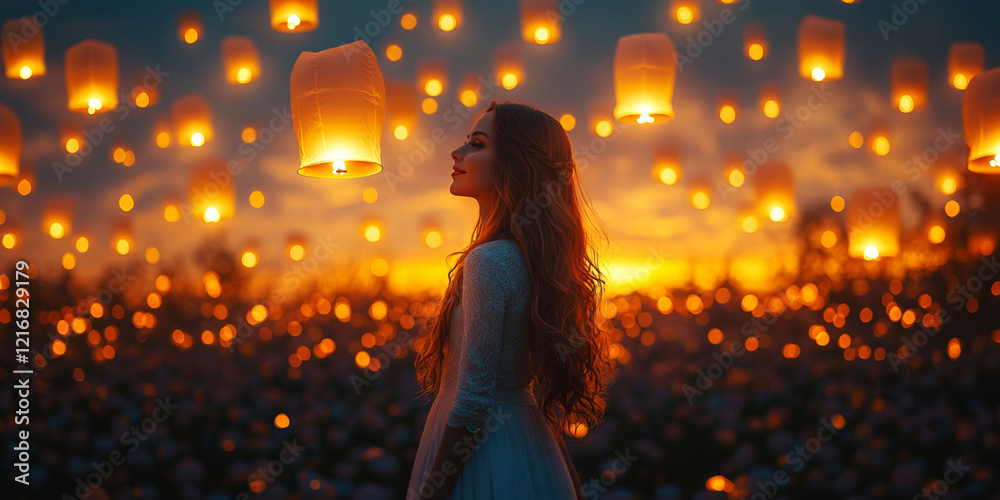 A woman in a flowing white dress releases a glowing lantern into the air against a sunset sky, symbolizing love, freedom, and the pursuit of dreams in a serene outdoor setting. A woman in a flowing white dress releases a glowing lantern into the air against a sunset sky, symbolizing love, freedom, and the pursuit of dreams in a serene outdoor setting.