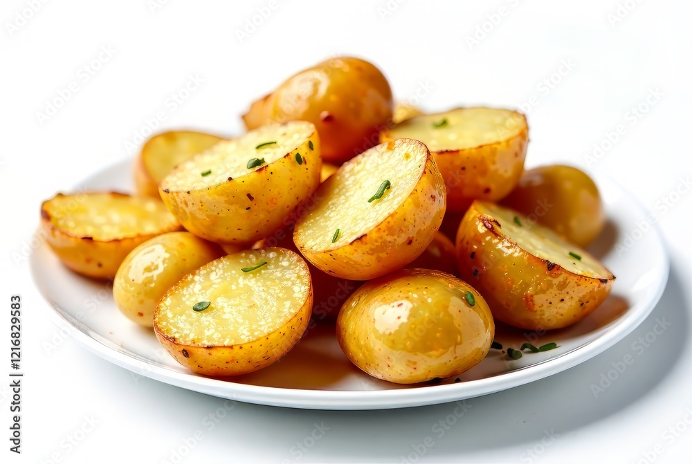 Crispy Roasted Potatoes on White Plate - High Resolution Food Photography Crispy Roasted Potatoes on White Plate - High Resolution Food Photography