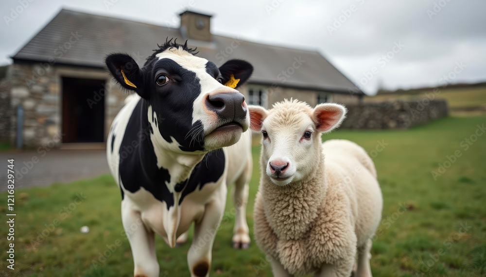 Curious Cow and Lamb: Rustic Farm Scene, Gentle Mood Curious Cow and Lamb: Rustic Farm Scene, Gentle Mood