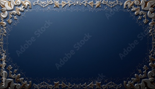  Dark blue textured background with metallic silver borders.
