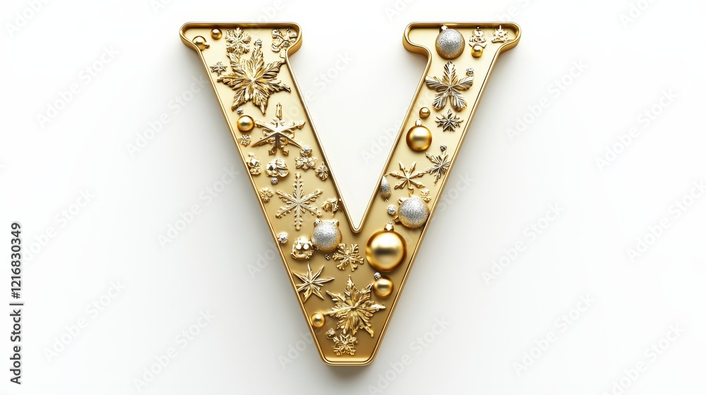 Decorative Golden Letter V Embellished with Winter Icons and Ornaments Decorative Golden Letter V Embellished with Winter Icons and Ornaments