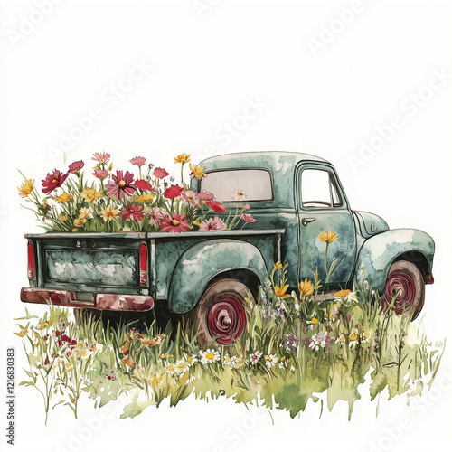 Rustic Pickup Truck Filled With Colorful Flowers in a Serene Meadow Scene