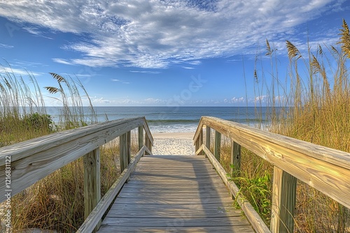 A clean wooden boardwalk leading to the ocean, surrounded by sea grass. picture