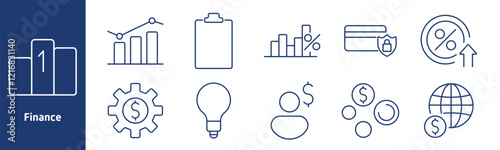 Finance set icon. Podium, graph, clipboard, growth chart, credit card, percentage increase, dollar gear, idea bulb, person, coins, globe. Represent investment, money management, and global finance