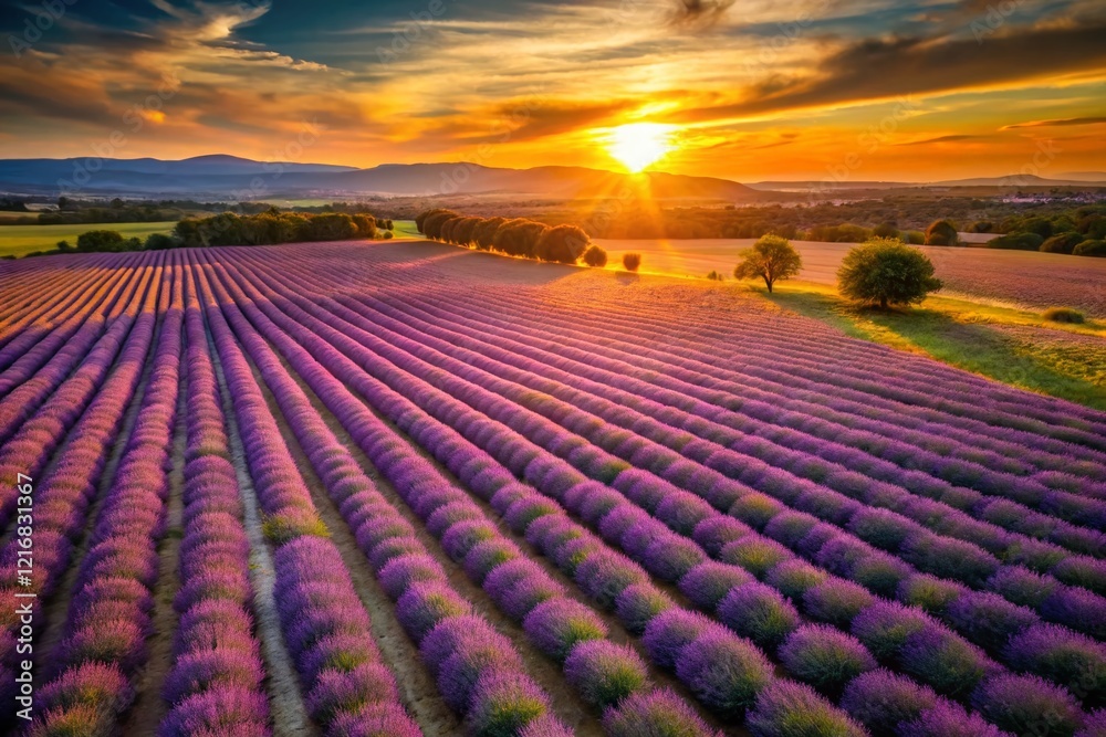 Obraz premium Aerial View of Tranquil Lavender Fields at Sunset in Provence, France