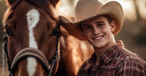 Un beau jeune homme souriant portant un chapeau de cow-boy debout avec son cheval, souriant à l'objectif. photo