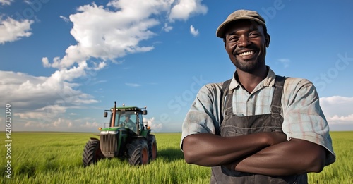 Un agriculteur afro-américain souriant, portant une casquette, debout, les bras croisés, devant un tracteur dans un champ, avec un ciel bleu et un fond de culture. photo