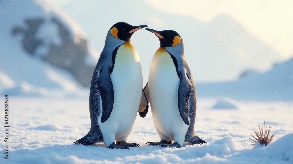 Fototapeta premium A Pair of King Penguins Sharing a Tender Moment in a Snowy Landscape