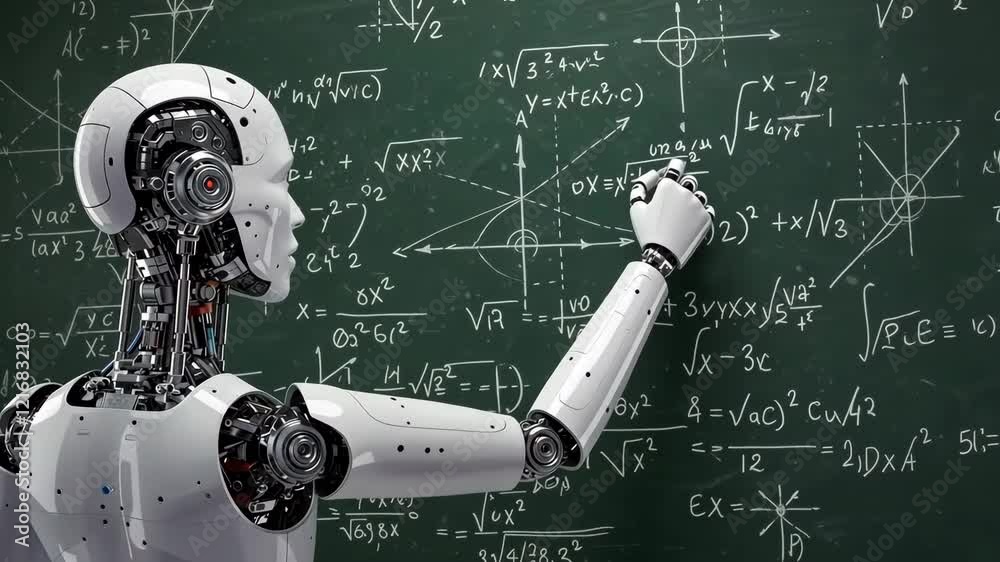 Robot, writing and blackboard with mathematical equations for science, technology and ai. Artificial intelligence, learning and automation with formulas for data, education or future