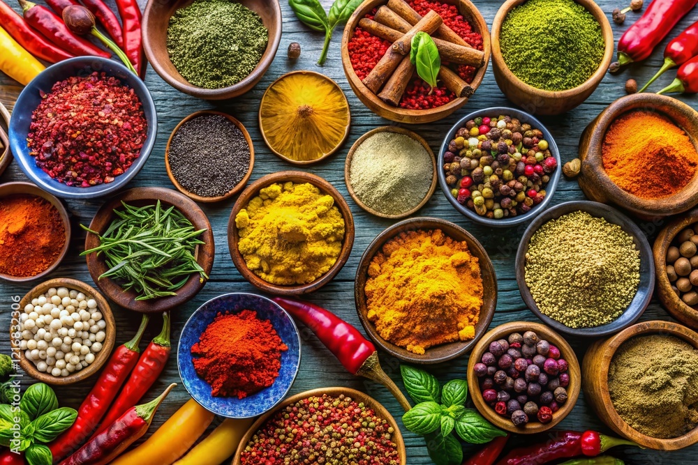 Aerial View of Vibrant Spices Boosting Metabolism on Sunny Kitchen Counter Aerial View of Vibrant Spices Boosting Metabolism on Sunny Kitchen Counter