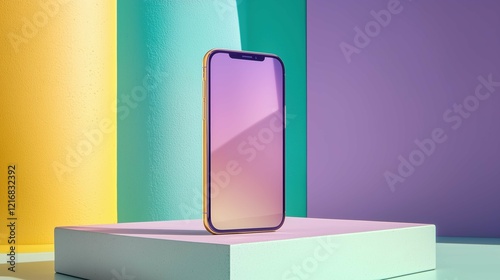 Pastel phone mockup floating with gradient, ambient lighting, sleek design, and vibrant background