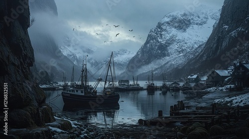 Fishing boats, fjord, snowy mountains, winter, calm