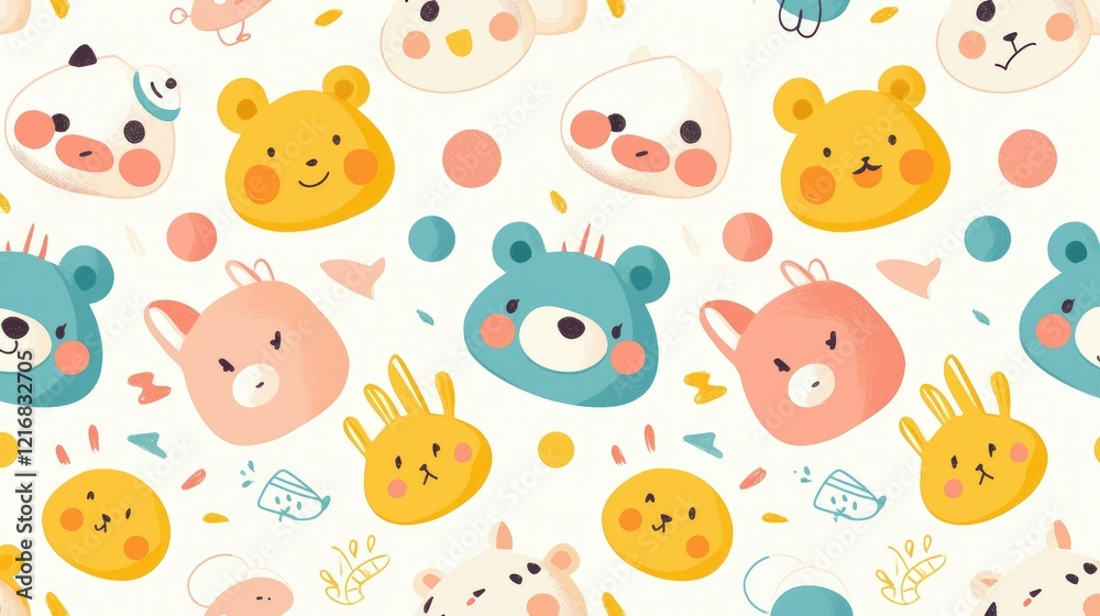 A playful pattern featuring cute animal faces and colorful shapes, ideal for children's designs. A playful pattern featuring cute animal faces and colorful shapes, ideal for children's designs.