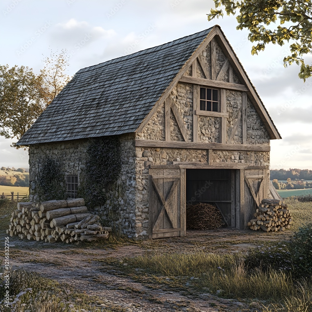 A gambrel dormer and wooden beams are present on this Stone Cotswold style barn A gambrel dormer and wooden beams are present on this Stone Cotswold style barn