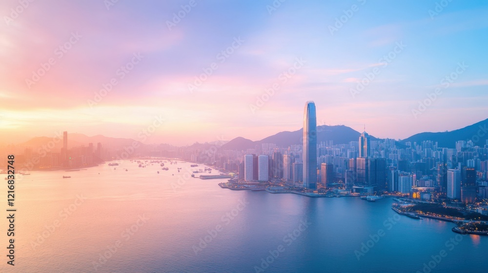 Fototapeta premium Vibrant city skyline at sunset with stunning aerial view for urban design