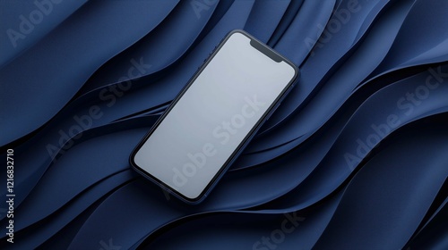 Navy phone mockup floating with curves, ambient lighting, sleek design, and clean background, papercut effect