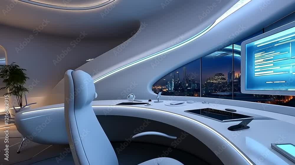 Futuristic office interior showcasing a sleek design with advanced technology and city skyline view