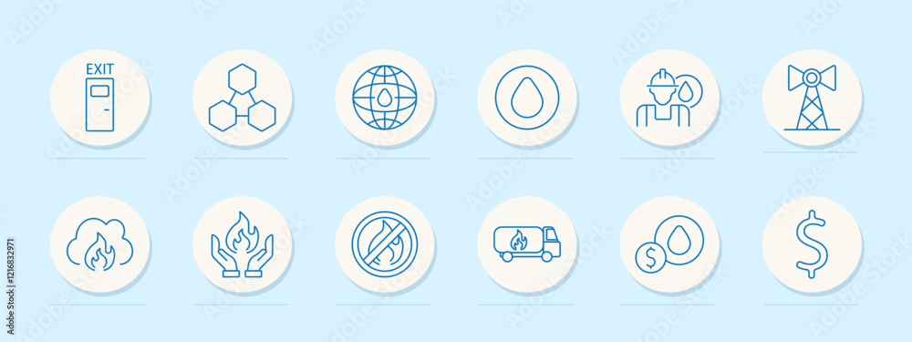 Energy set icon. Exit door, molecular structure, globe, oil drop, worker, tower, flame, safety hands, no fire, fuel truck, dollar symbol. Represent energy production, safety, and global resources Energy set icon. Exit door, molecular structure, globe, oil drop, worker, tower, flame, safety hands, no fire, fuel truck, dollar symbol. Represent energy production, safety, and global resources